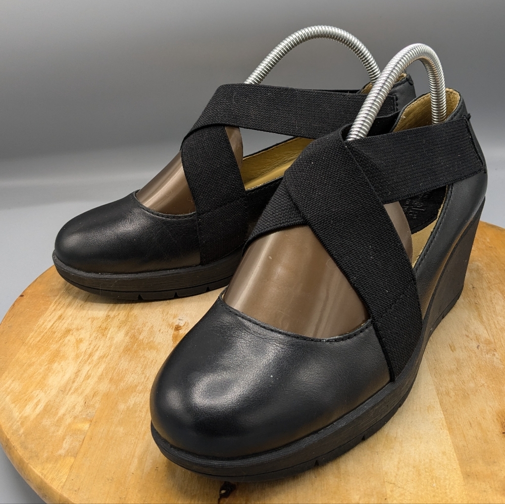 BUSSOLA Shoes Womens 10 Black Comfort Wedges Platform Office Leather Slip On